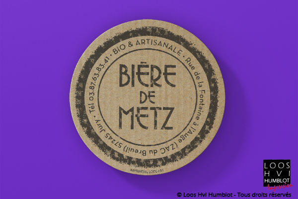 Sous-bock imprimé et personnalisé<br> pour la bière bio et artisanale Bière de Metz <br>par l'imprimerie Loos Hvi