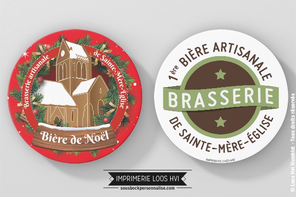 Sous-bock rond imprimé et personnalisé pour la Brasserie de Sainte Mere lEglise - Bière de Noel